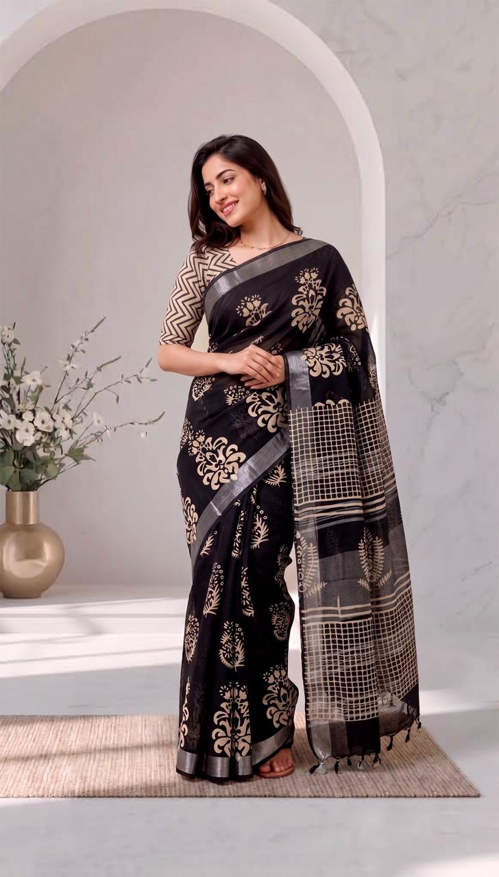 Jet Black Floral Damask Hand Block Printed Linen Cotton Saree with Blouse Piece