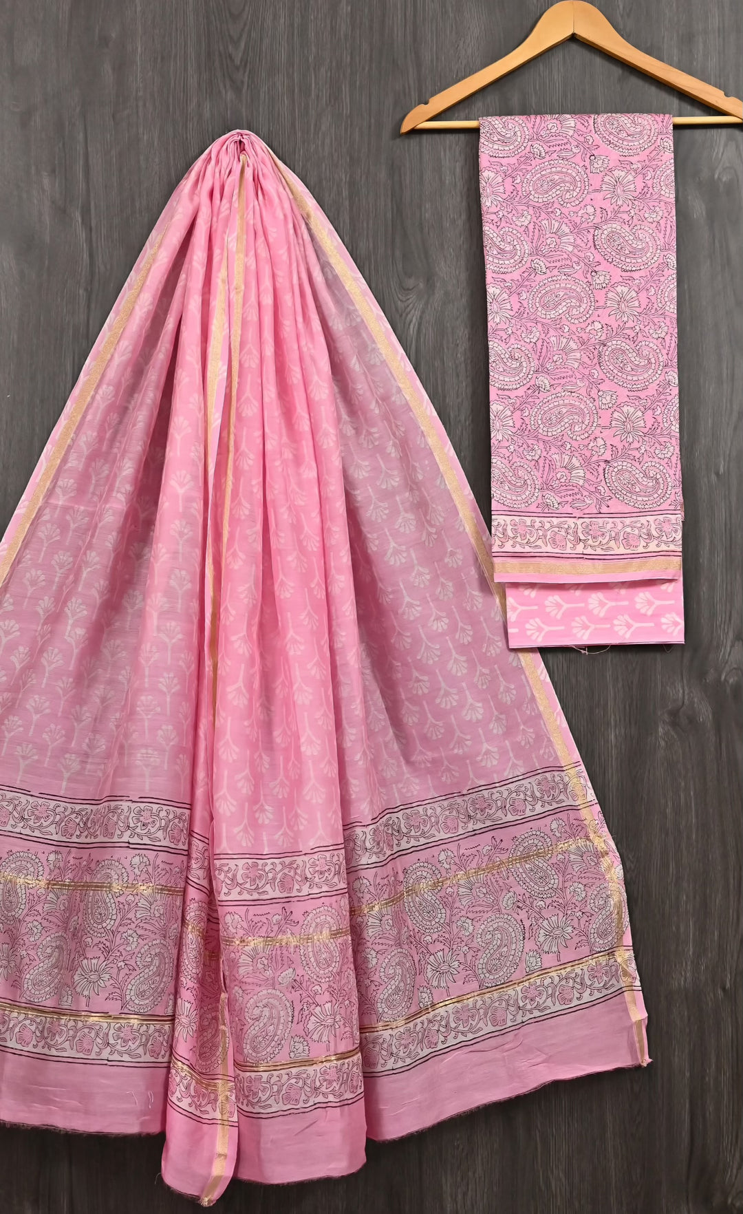 Baby Pink Paisley & Floral Handblock Printed Pure Chanderi Silk Unstitched Suit Set