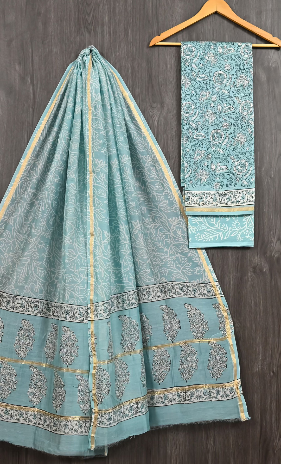 Sky Blue Floral & Booti Handblock Printed Pure Chanderi Silk Unstitched Suit Set