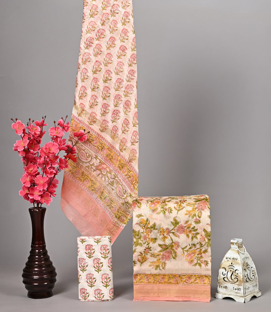 Soft Peach & Olive Floral Handblock Printed Pure Maheshwari Silk Suit Set