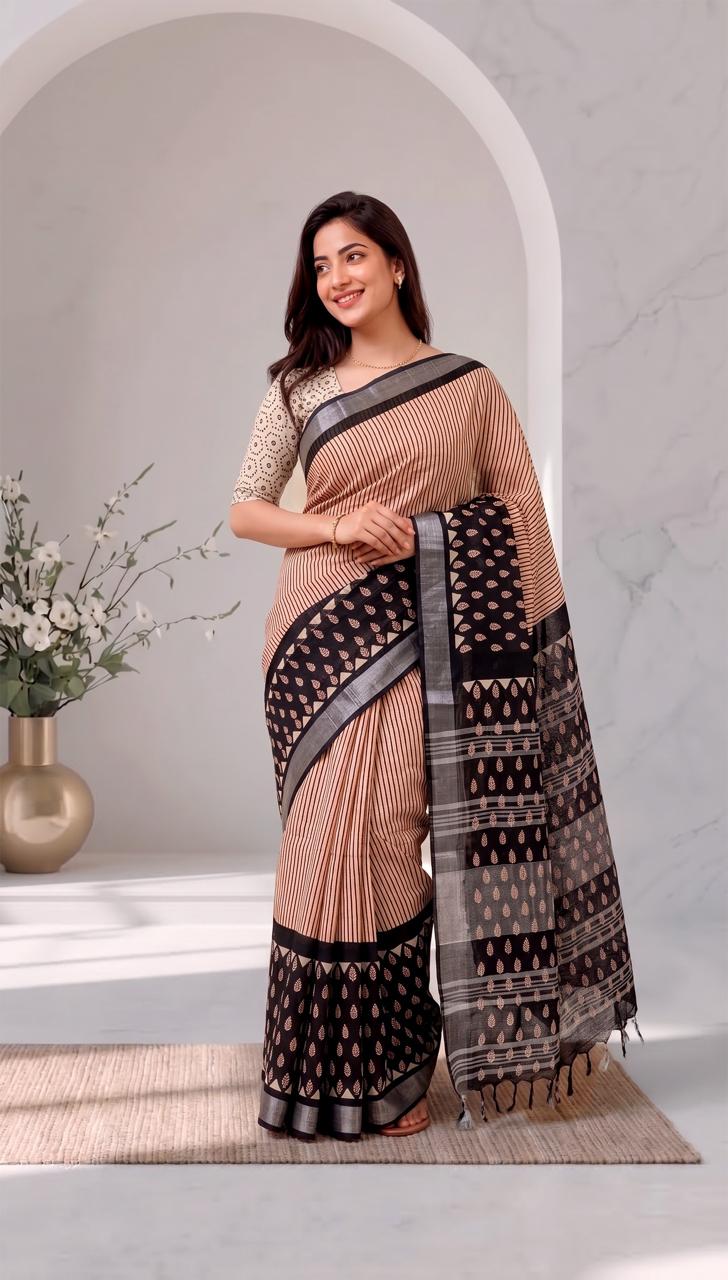 Beige Striped Black Leaf Motifs Hand Block Printed Linen Cotton Saree with Blouse Piece