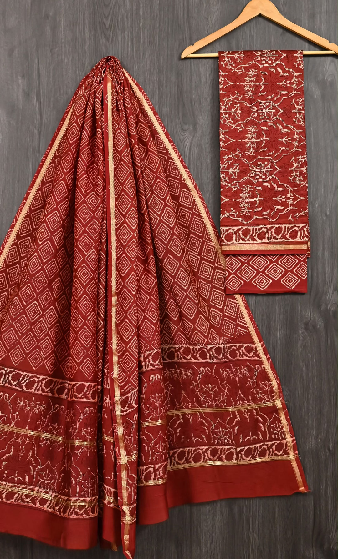Crimson Red Geometric Diamond Handblock Printed Pure Chanderi Silk Unstitched Suit Set