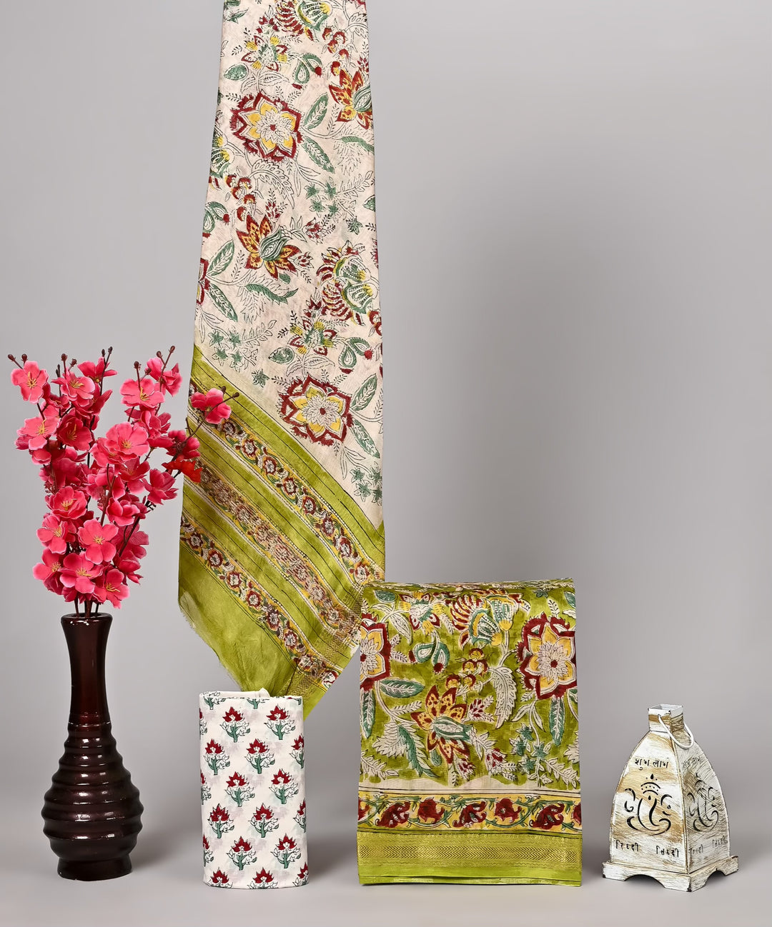 Olive Green Floral Handblock Printed Pure Maheshwari Silk Suit Set with Zari Border
