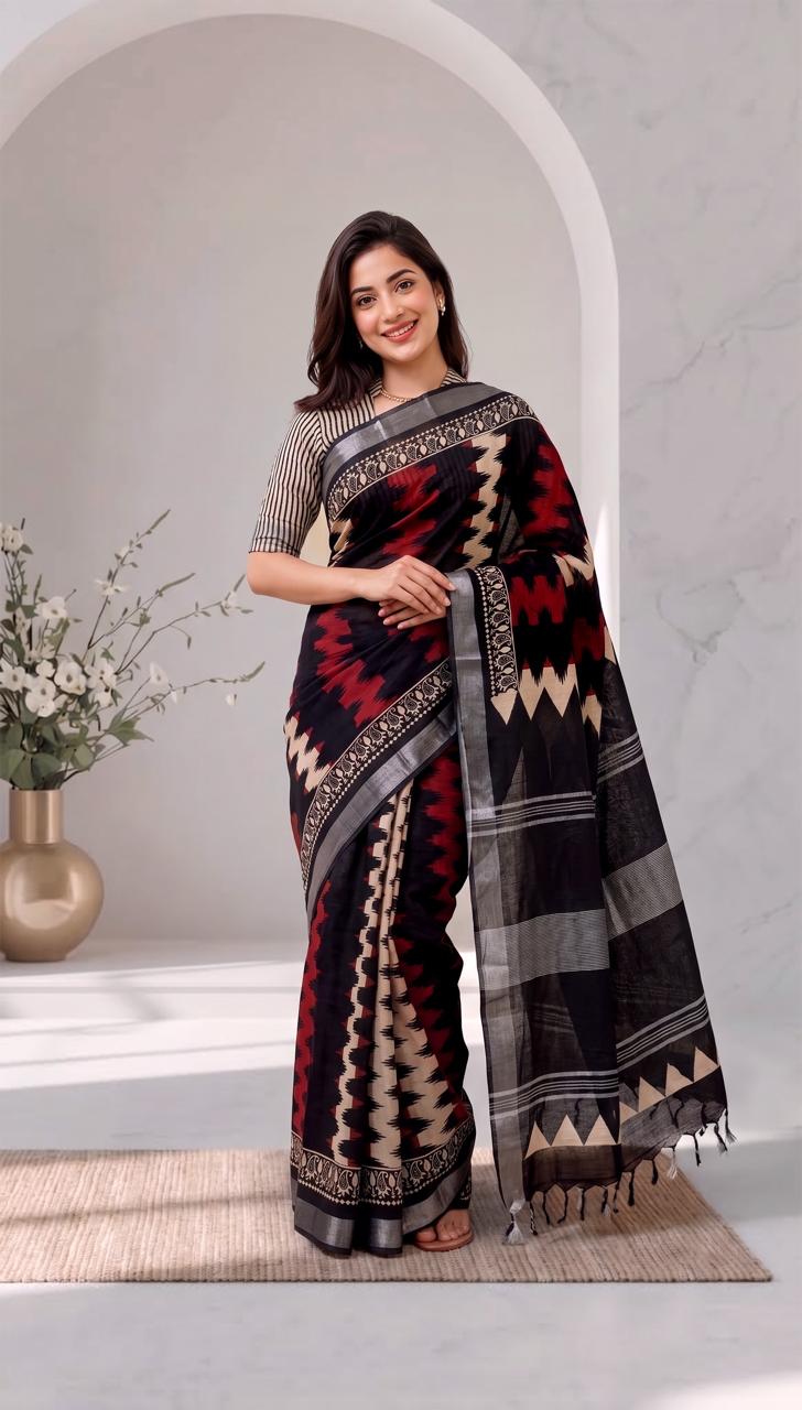 Black and Crimson Red Chevron Ikat-Style Hand Block Printed Linen Cotton Saree with Blouse Piece