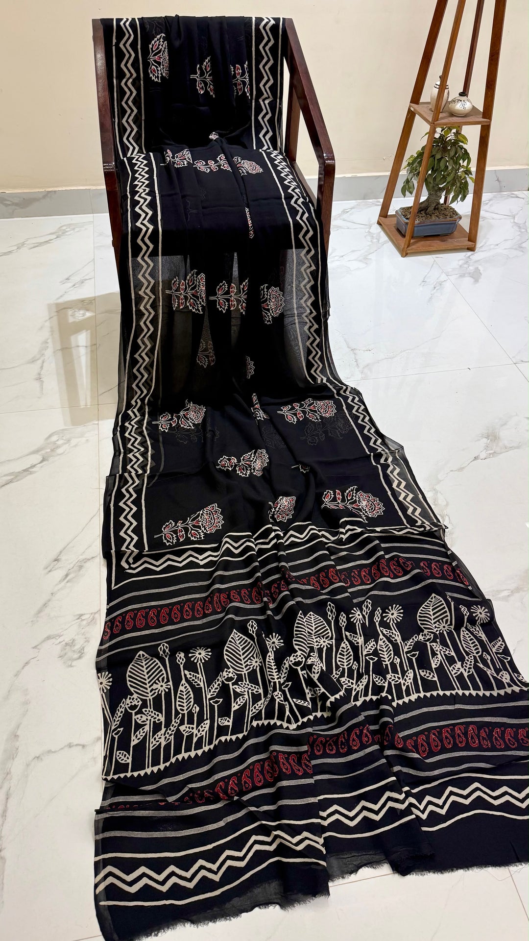 Black Georgette Saree with Botanical Leaf Prints & Zig-Zag Borders