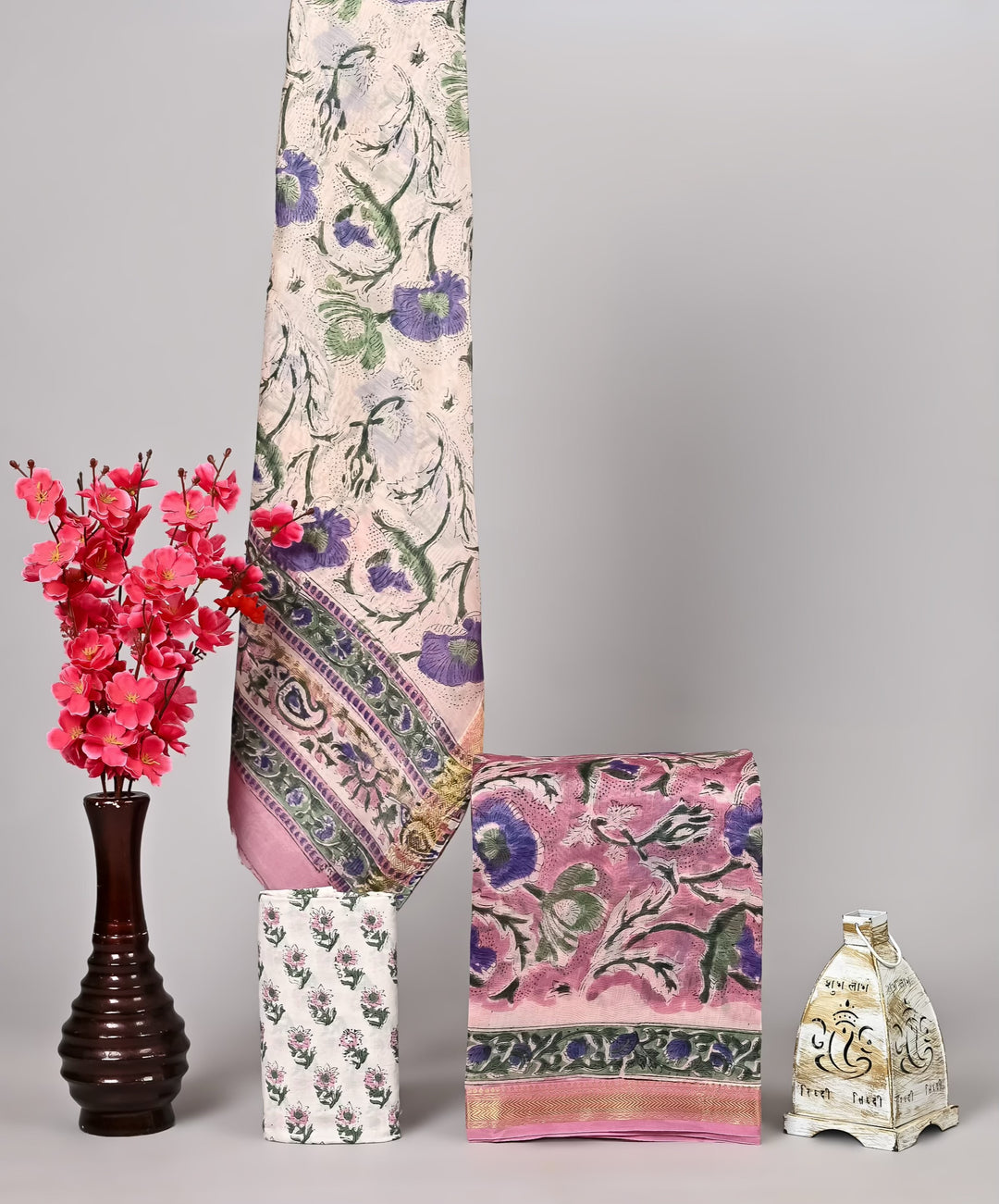Lavender & Mauve Floral Handblock Printed Pure Maheshwari Silk Suit Set