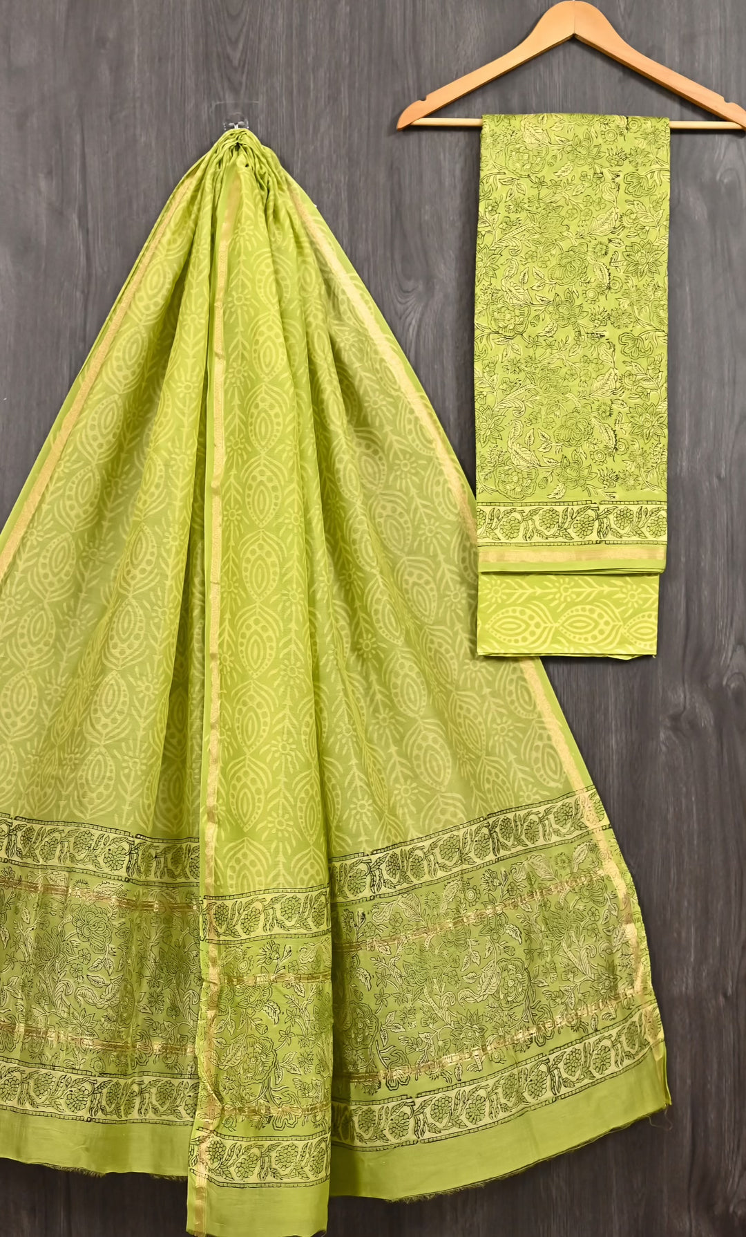 Lime Green Floral Jaal Handblock Printed Pure Chanderi Silk Unstitched Suit Set