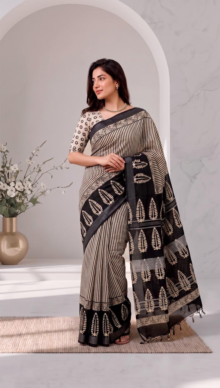 Off-White and Black Leaf Block Printed Linen Cotton Saree with Blouse Piece