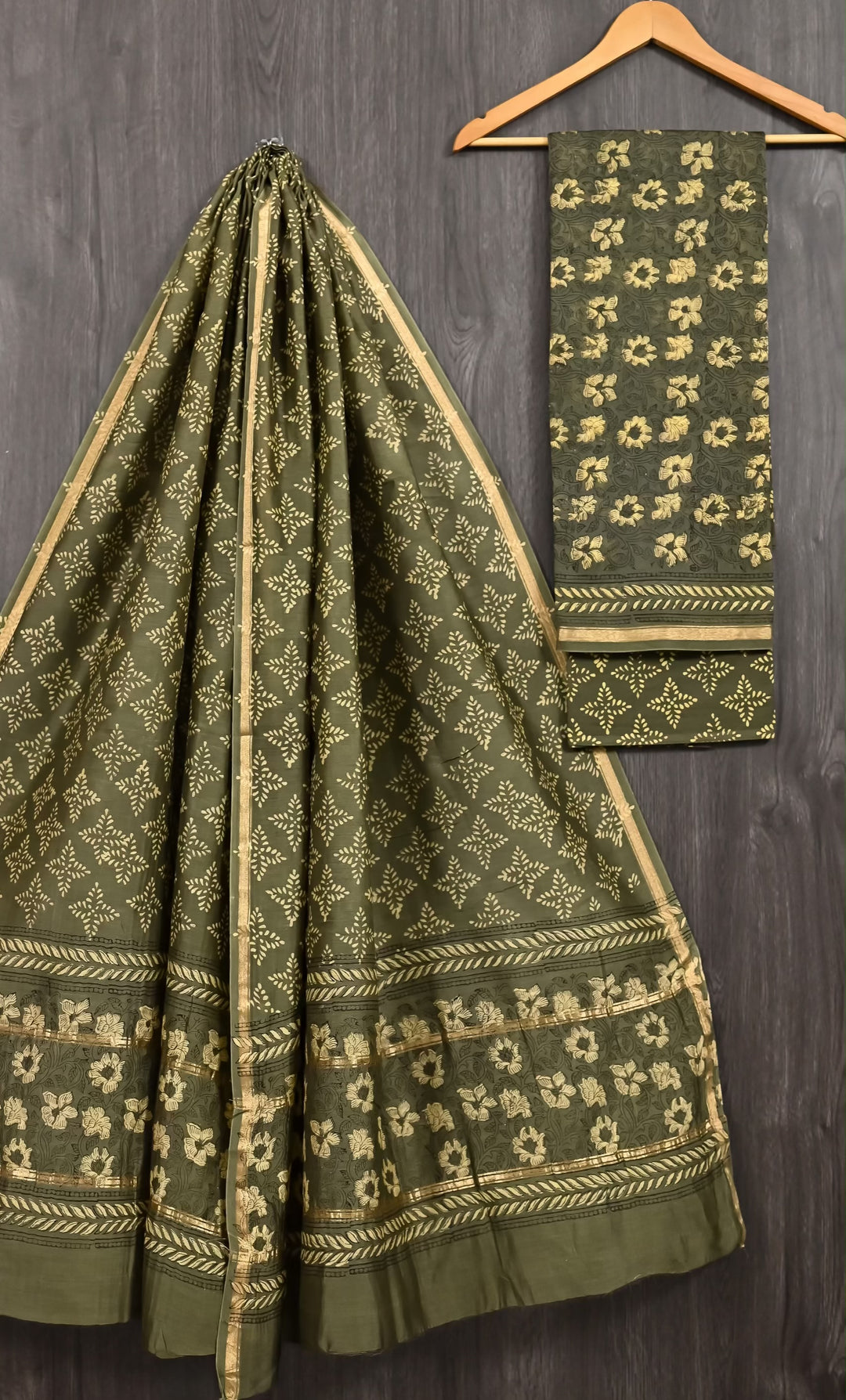 Olive Green Floral Motif Handblock Printed Pure Chanderi Silk Unstitched Suit Set