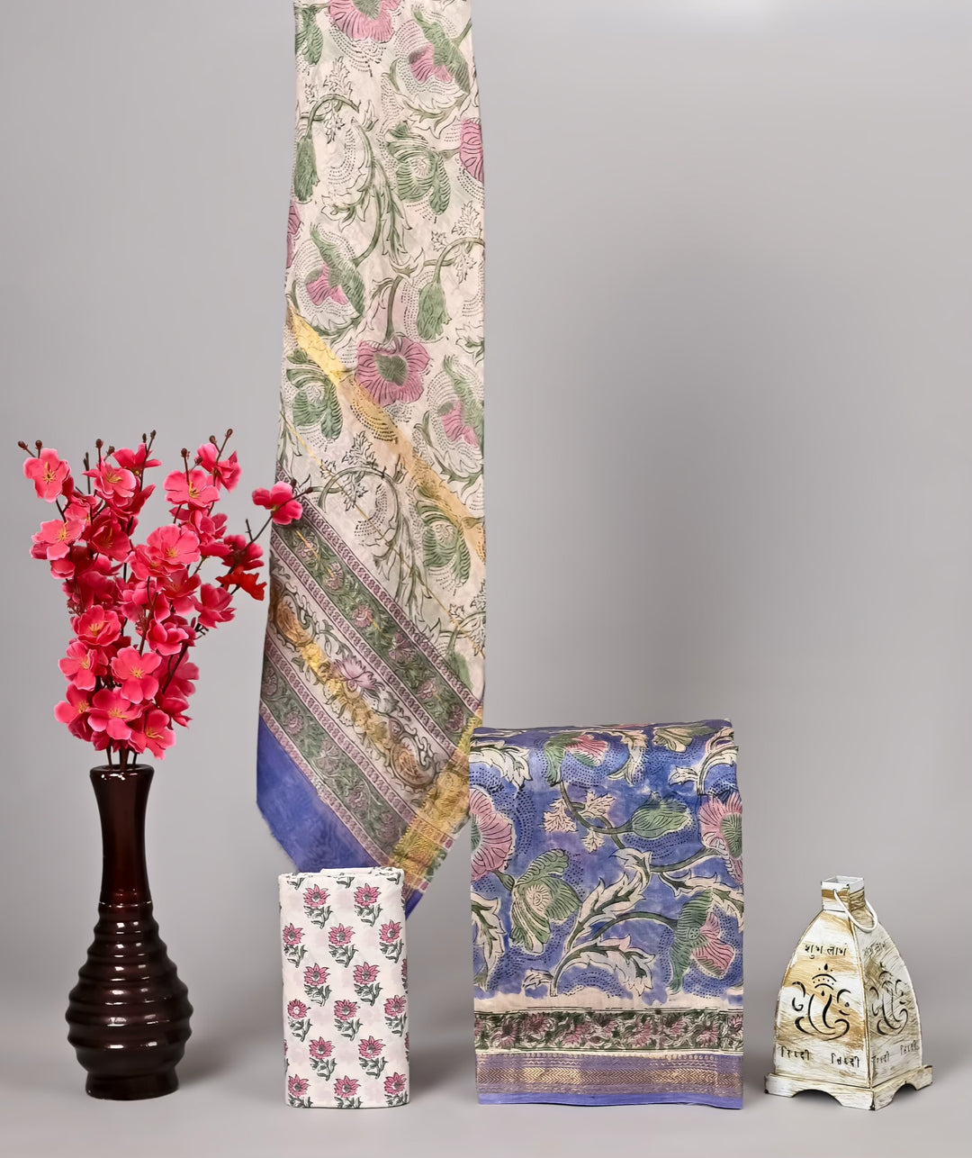 Periwinkle Blue Floral Handblock Printed Pure Maheshwari Silk Suit Set with Dupatta