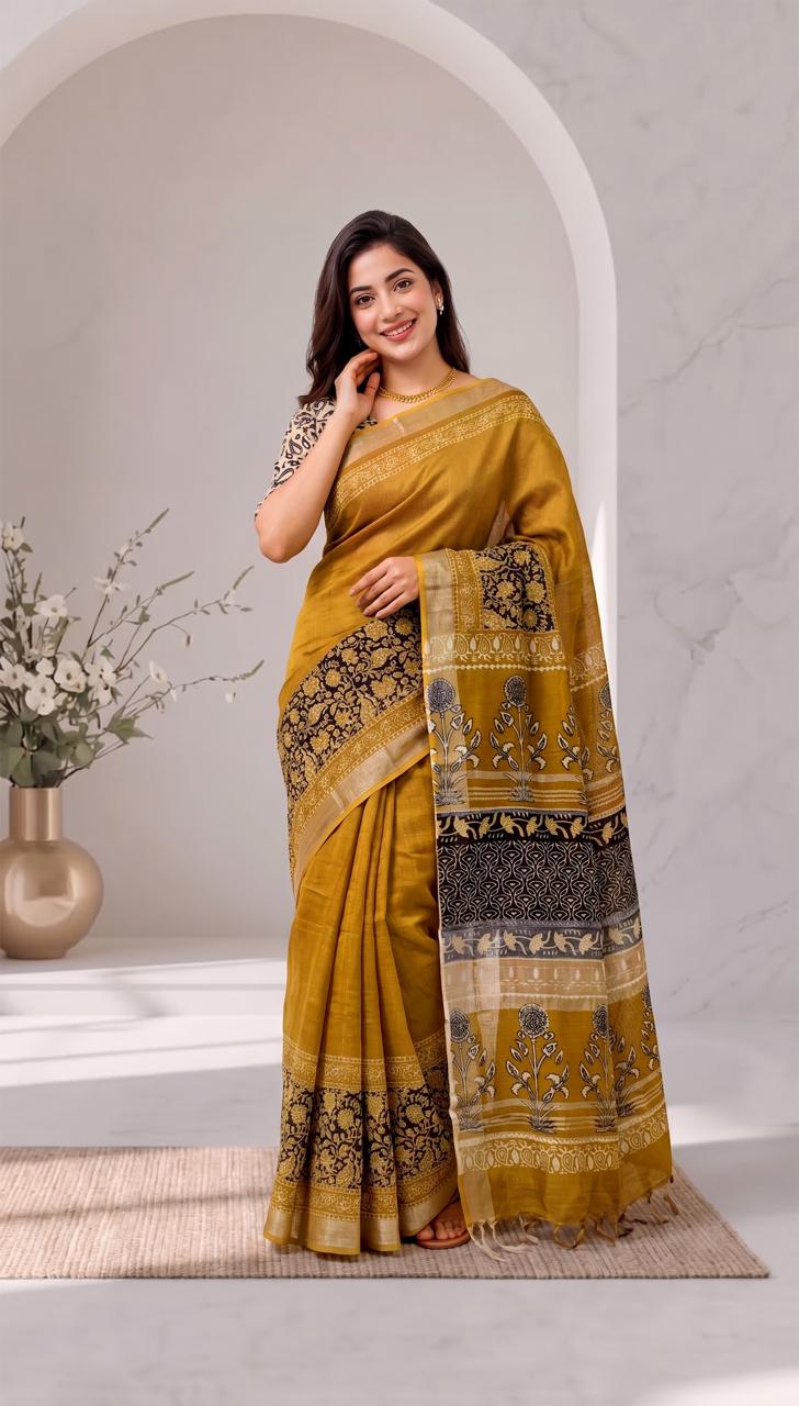 Mustard Yellow Floral Botanical Hand Block Printed Linen Cotton Saree with Blouse Piece